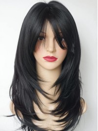 Black Layered Lace Front With Bangs Human Hair Wigs