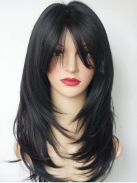 Black Layered Lace Front With Bangs Human Hair Wigs