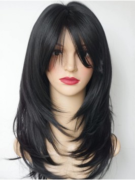 Black Layered Lace Front With Bangs Human Hair Wig...