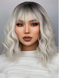 Ombre Grey Wavy Bob Wig With Bangs Human Hair Wigs