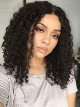 Long 16" Curly Natural Black 360 Lace Remy Hu...