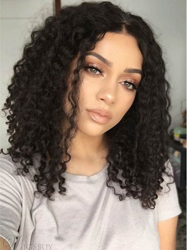 Long 16" Curly Natural Black 360 Lace Remy Human Hair Wigs