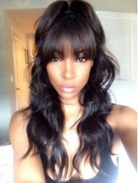Long Wavy 360 Lace Remy Human Hair Wig With Bangs