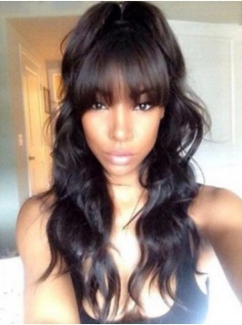 Long Wavy 360 Lace Remy Human Hair Wig With Bangs