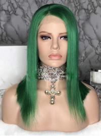 Green Long Straight 360 Lace Human Hair Wig 16 Inches