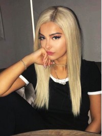 Blonde Long Straight 360 Lace Human Hair Wig 16 Inches