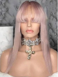 Long Straight Yasmin Human Hair Pink 360 Lace Wig With Bangs