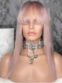 Long Straight Yasmin Human Hair Pink 360 Lace Wig With Bangs