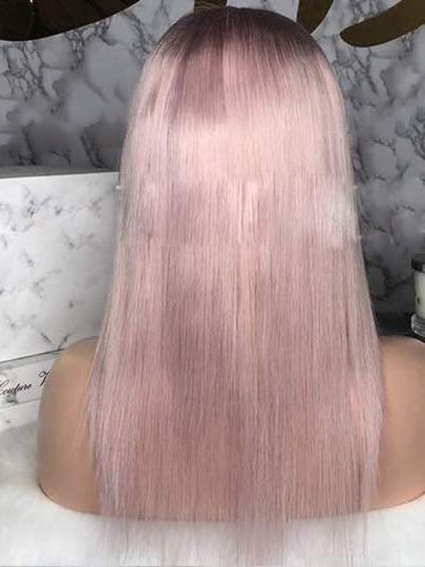 Long Straight Yasmin Human Hair Pink 360 Lace Wig With Bangs