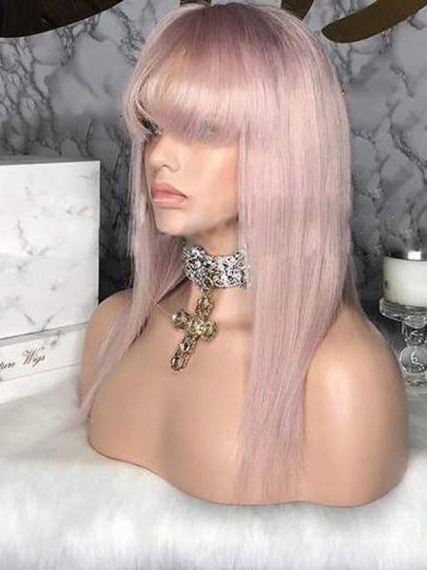 Long Straight Yasmin Human Hair Pink 360 Lace Wig With Bangs