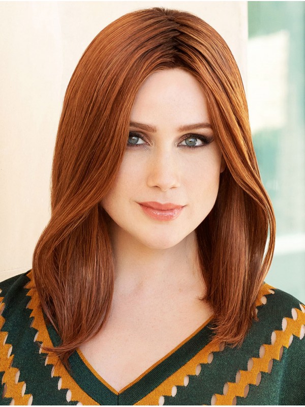 Shoulder Length 100% Hand-Tied Straight Without Bangs Auburn Real Human Hair Wigs