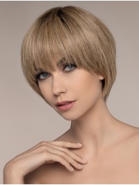 Short Blonde 100% Hand-Tied Straight With Bangs Human Hair Wigs