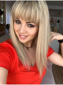 With Bangs Blonde Straight 16" Human Hair Wig...