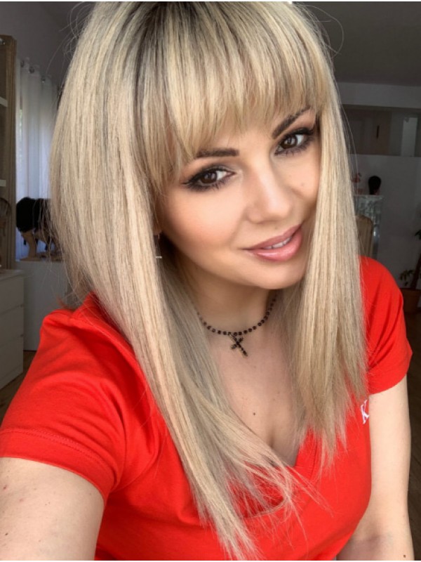 With Bangs Blonde Straight 16" Human Hair Wigs Buy