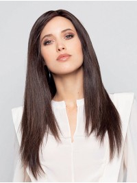 Brown Long 100% Hand-Tied Straight Without Bangs Comfortable Human Hair Wigs