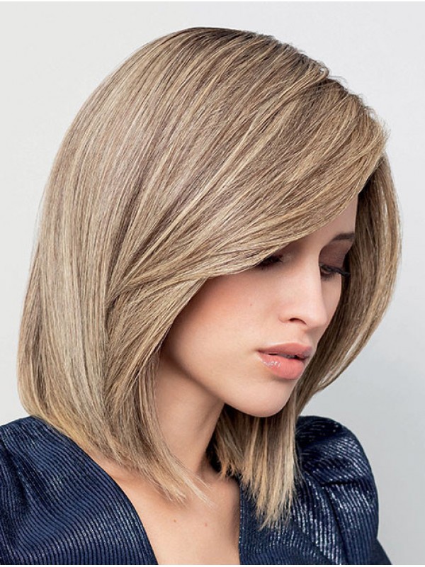 Straight Chin Length Blonde With Highlights 12" 100% Hand-Tied Remy Human Hair Best Bob Wigs
