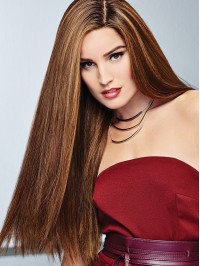 Brown 24" Straight Long 100% Hand-tied Without Bangs Human Hair Wigs