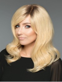 Blonde 16" Wavy Shoulder Length 100% Hand-tied Without Bangs Human Hair Wigs