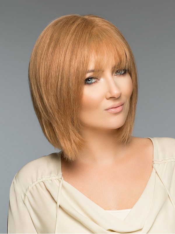 Blonde 11" Straight Chin Length Monofilament With Bangs Human Hair Wigs