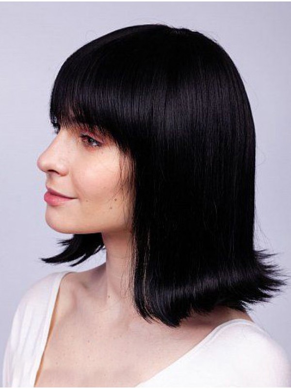 Remy Human Hair With Bangs Capless 12" Medium Wigs Trendy