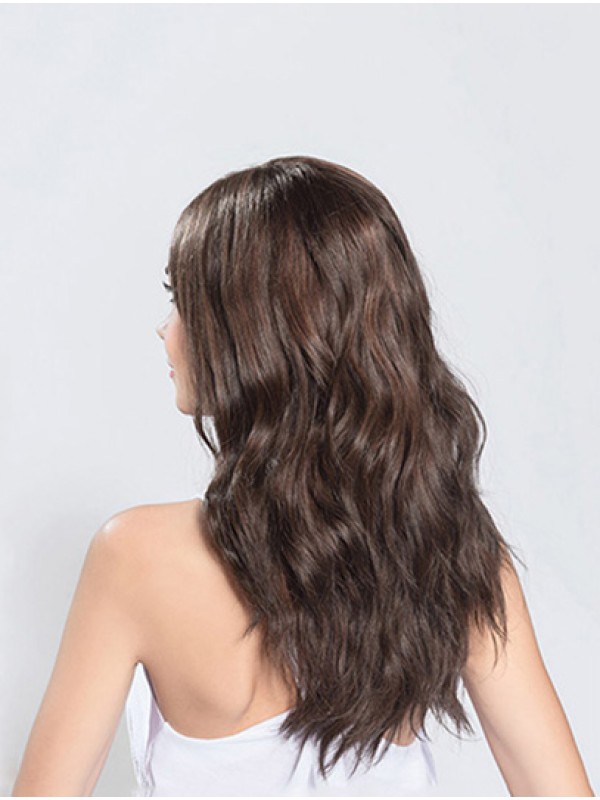 Long 100% Hand-tied Wavy Without Bangs Brown Sleek Wigs Human Hair