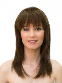 Long Monofilament Straight With Bangs Brown Sleek Human Hair Wigs