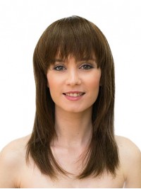 Long Monofilament Straight With Bangs Brown Sleek Human Hair Wigs