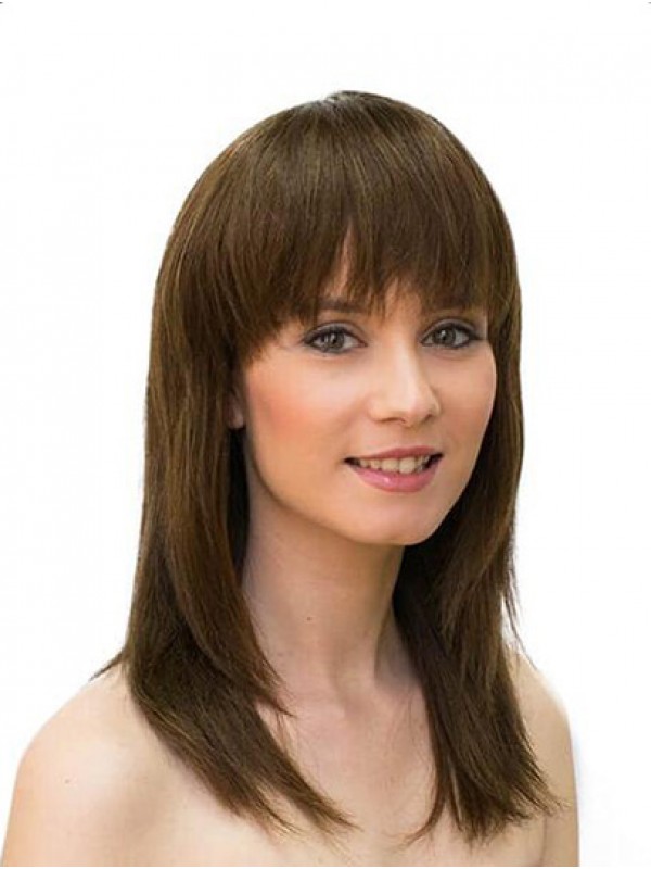 Long Monofilament Straight With Bangs Brown Sleek Human Hair Wigs