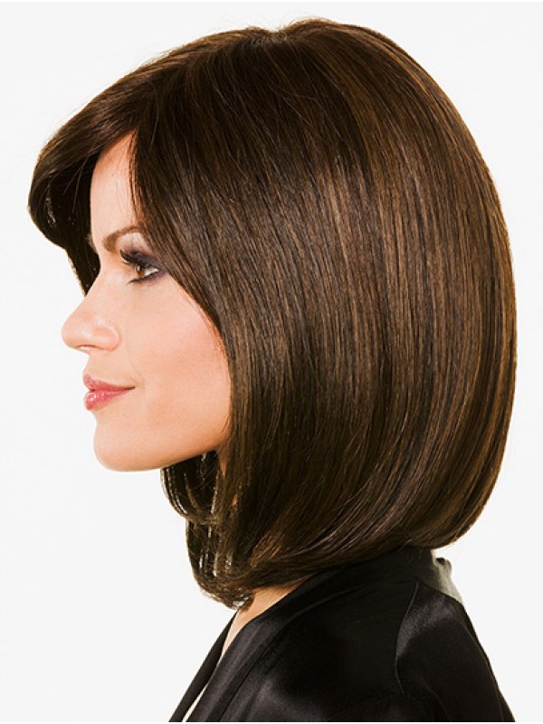Shoulder Length 100% Hand-tied Straight Bobs Brown Human Hair Wigs For Women