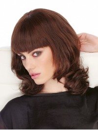 Shoulder Length Monofilament Wavy With Bangs Auburn Human Hair Wigs For Women