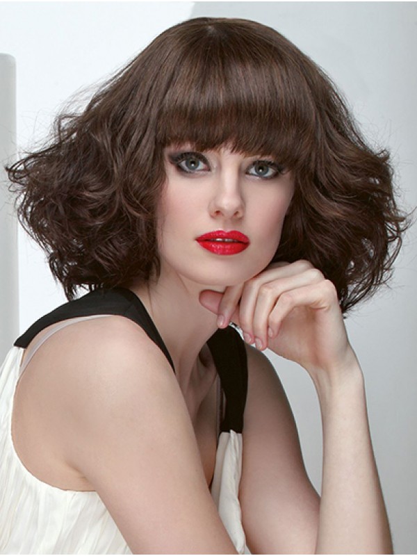 12" Curly Brown Shoulder Length Monofilament Bob Wigs For Sale