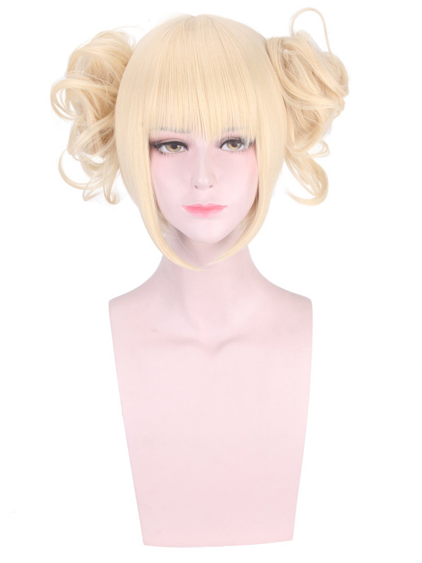 Short Blonde Straight Capless Cosplay Wigs With Bangs And 2 Detachable Buns With Clips 10 Inches