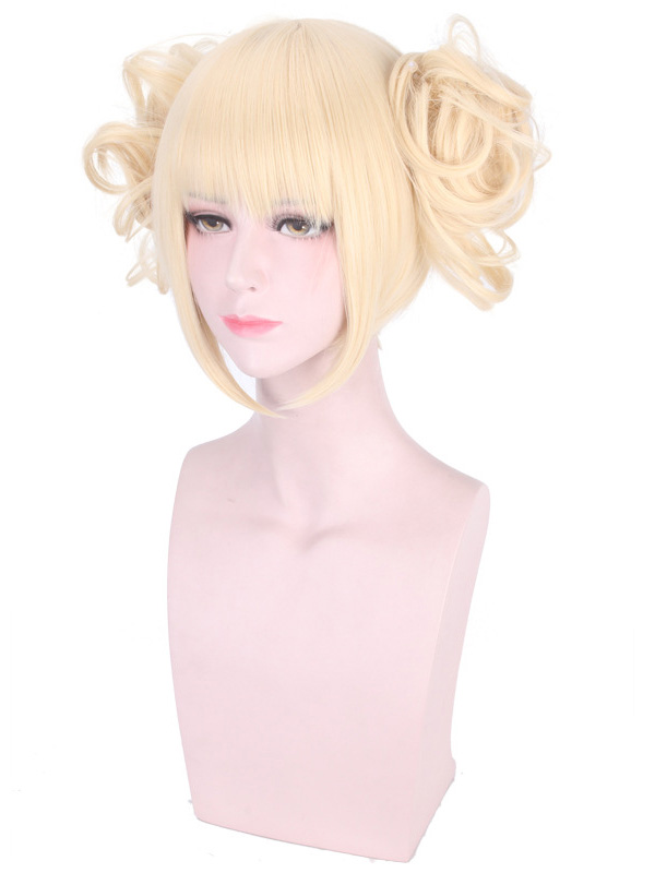 Short Blonde Straight Capless Cosplay Wigs With Bangs And 2 Detachable Buns With Clips 10 Inches