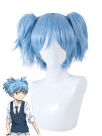 Light Blue Short Straight Capless Cosplay Wigs With Bangs 10 Inches And 2 Ponytails