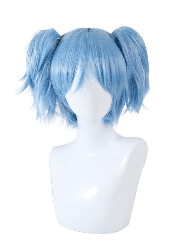 Light Blue Short Straight Capless Cosplay Wigs With Bangs 10 Inches And 2 Ponytails