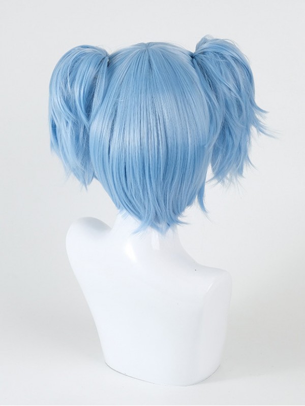 Light Blue Short Straight Capless Cosplay Wigs With Bangs 10 Inches And 2 Ponytails