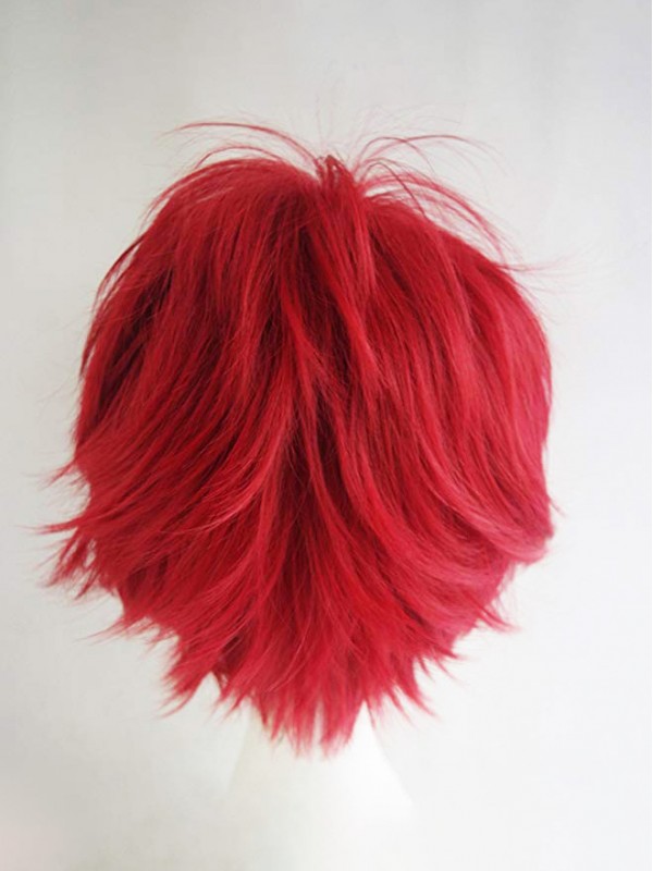 Layered Red Short Straight Synthetic Cosplay Wigs With Bangs 10 Inches