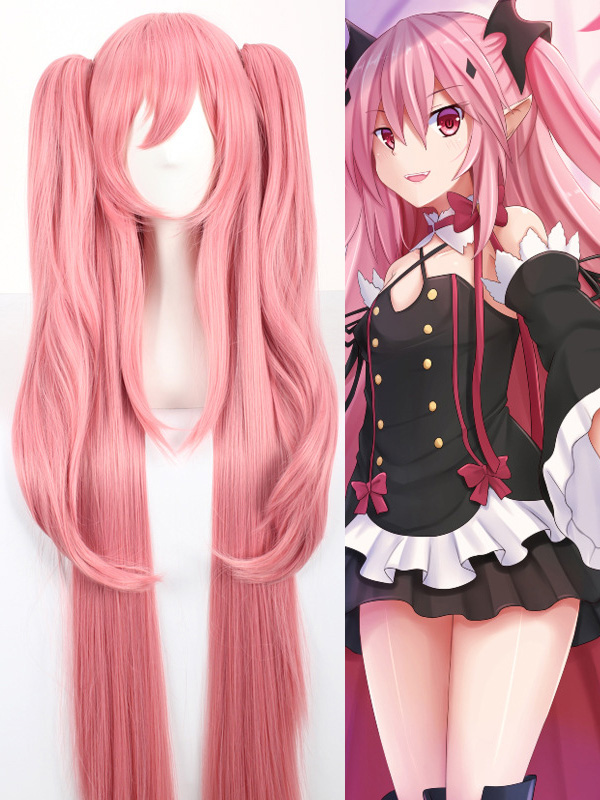 Pink Long Straight Capless Synthetic Cosplay Wigs 46 Inches With Bangs And 2 Ponytails