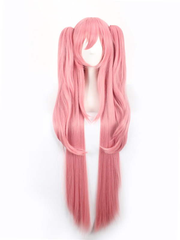 Pink Long Straight Capless Synthetic Cosplay Wigs 46 Inches With Bangs And 2 Ponytails