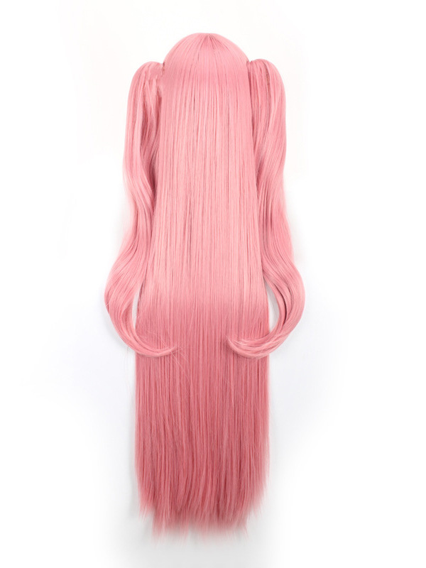 Pink Long Straight Capless Synthetic Cosplay Wigs 46 Inches With Bangs And 2 Ponytails