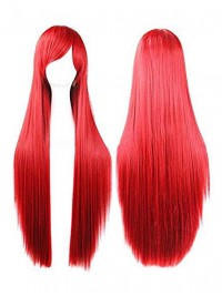 Red Long Straight Synthetic Capless Cosplay Wigs With Bangs 46 Inches