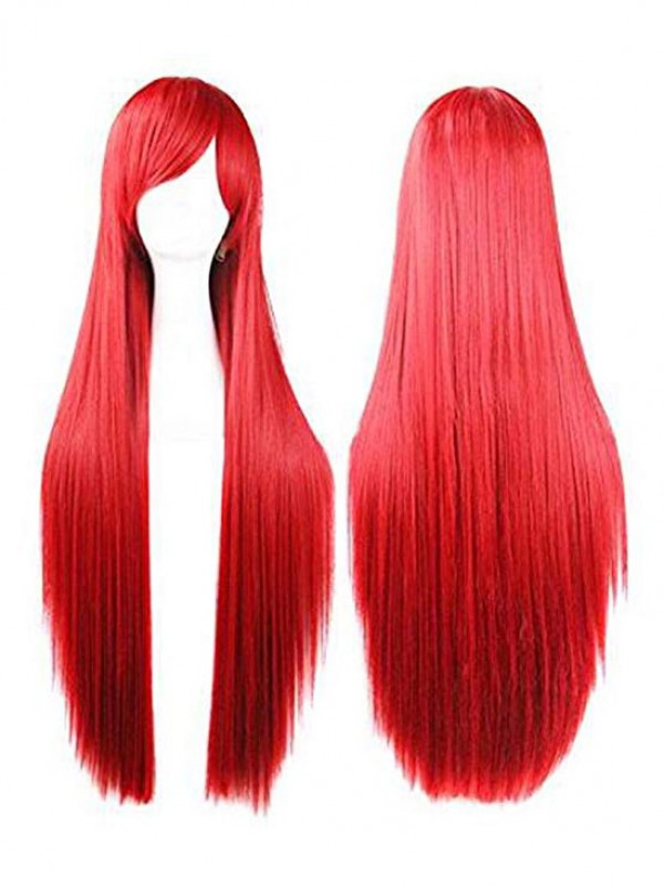 Red Long Straight Synthetic Capless Cosplay Wigs With Bangs 46 Inches
