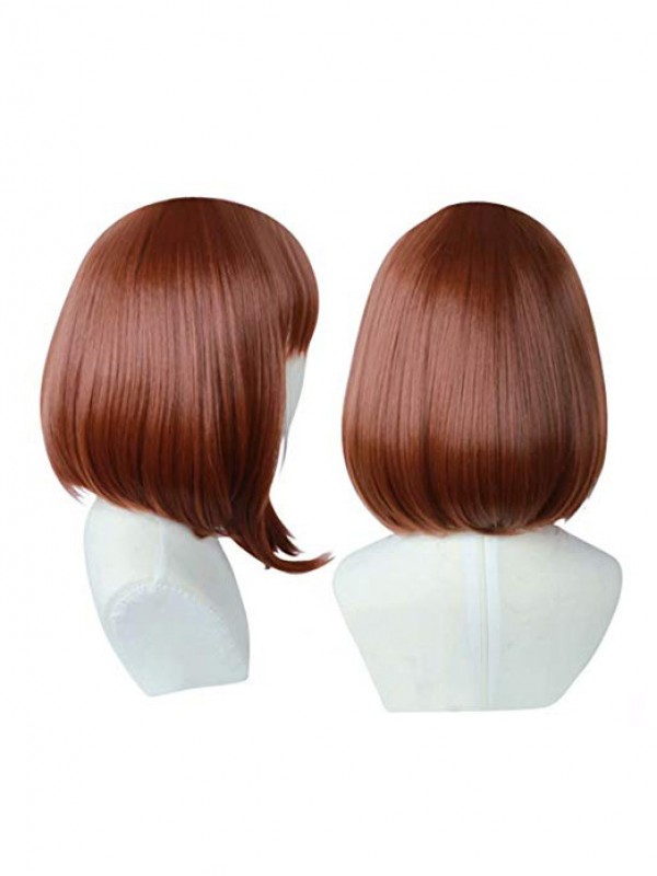Long Brown Short Straight Bob Style Synthetic Capless Cosplay Wigs With Side Bangs 16 Inches