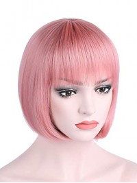Pink Short Straight Bob Capless Synthetic Cosplay Wigs With Bangs 10 Inches