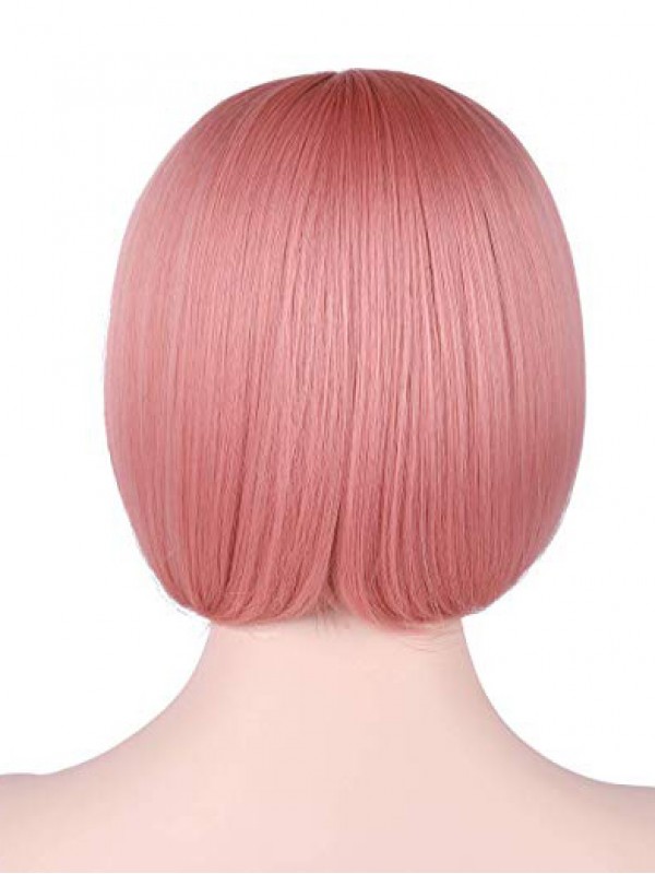 Pink Short Straight Bob Capless Synthetic Cosplay Wigs With Bangs 10 Inches