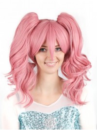 Long Pink Dual Horsetail Wavy Capless Synthetic Cosplay Wigs With Bangs 24 Inches