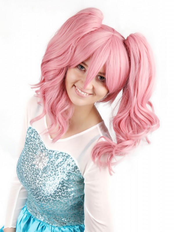 Long Pink Dual Horsetail Wavy Capless Synthetic Cosplay Wigs With Bangs 24 Inches