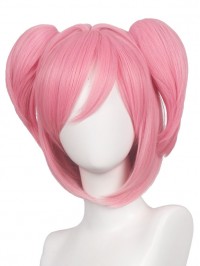 Medium Pink Dual Horsetail Straight Synthetic Capless Cosplay Wigs With Bangs 14 Inches