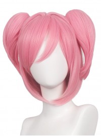 Medium Pink Dual Horsetail Straight Synthetic Capless Cosplay Wigs With Bangs 14 Inches