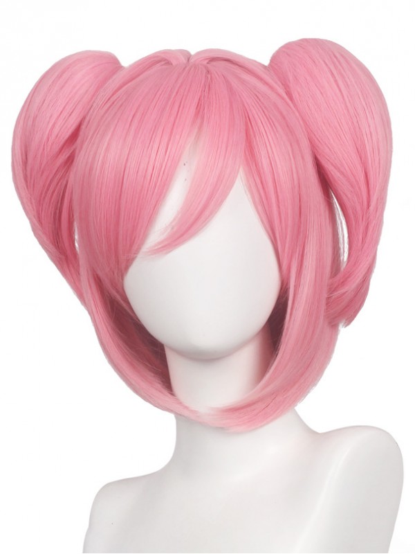 Medium Pink Dual Horsetail Straight Synthetic Capless Cosplay Wigs With Bangs 14 Inches